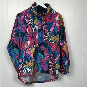 Lauren James Windbreaker Jacket S Blue Pink Hood Zip Front Pockets Hi-Lo Hem EUC
